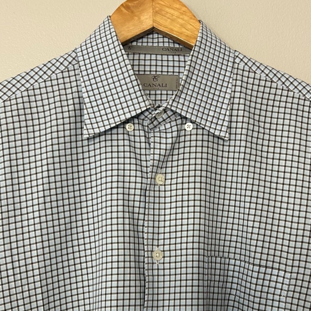 Canali Dress Shirt Men XL Light Blue Brown Check Plaid Long Sleeve Cotton Italy